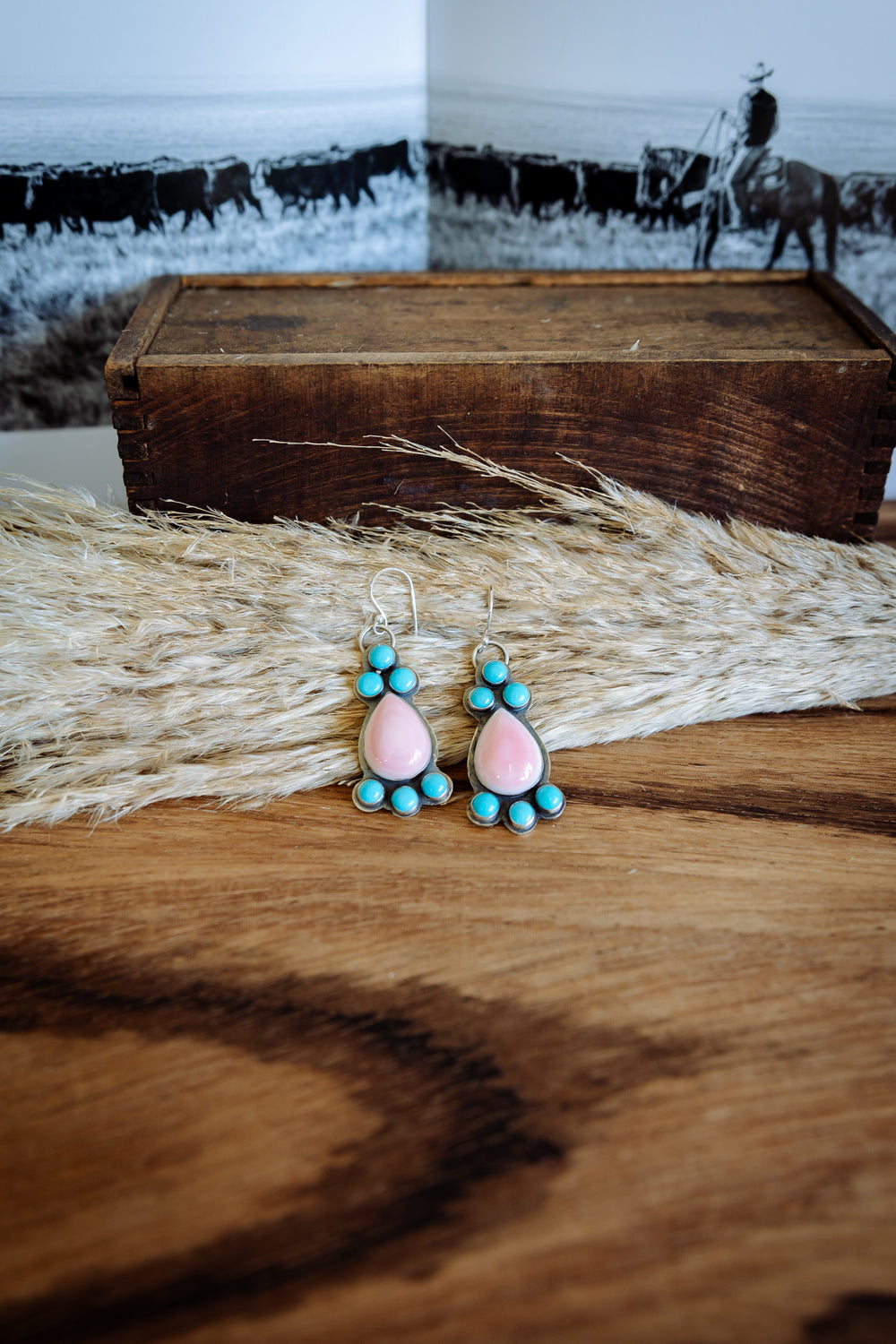 Teardrop Pink Conch and Turquoise Hook Earrings