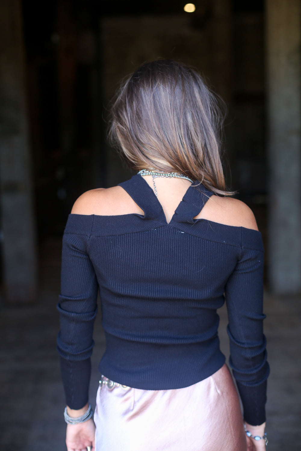 The Black Ribbed Cross Off the Shoulder Top