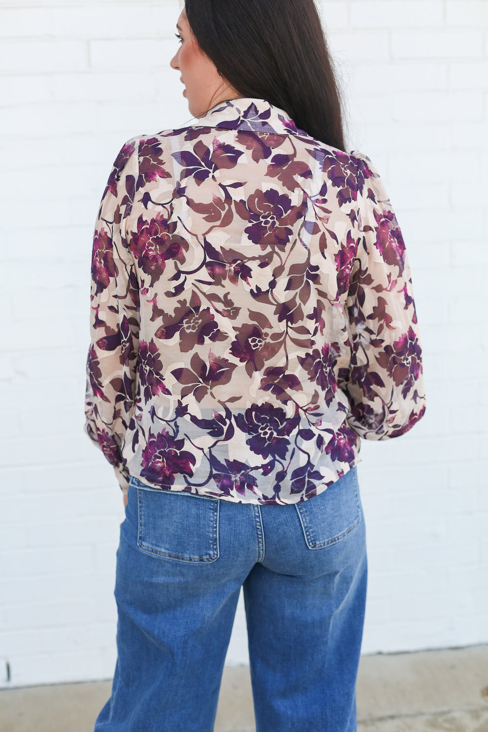 The Lenora Floral Puff Sleeve Sheer Button Down