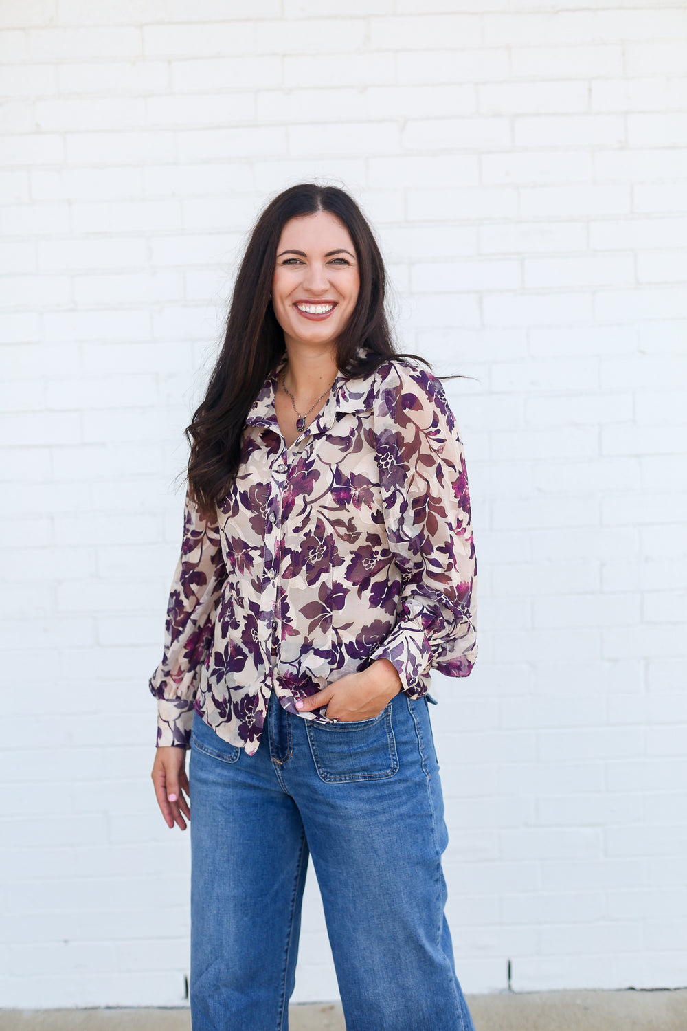 The Lenora Floral Puff Sleeve Sheer Button Down