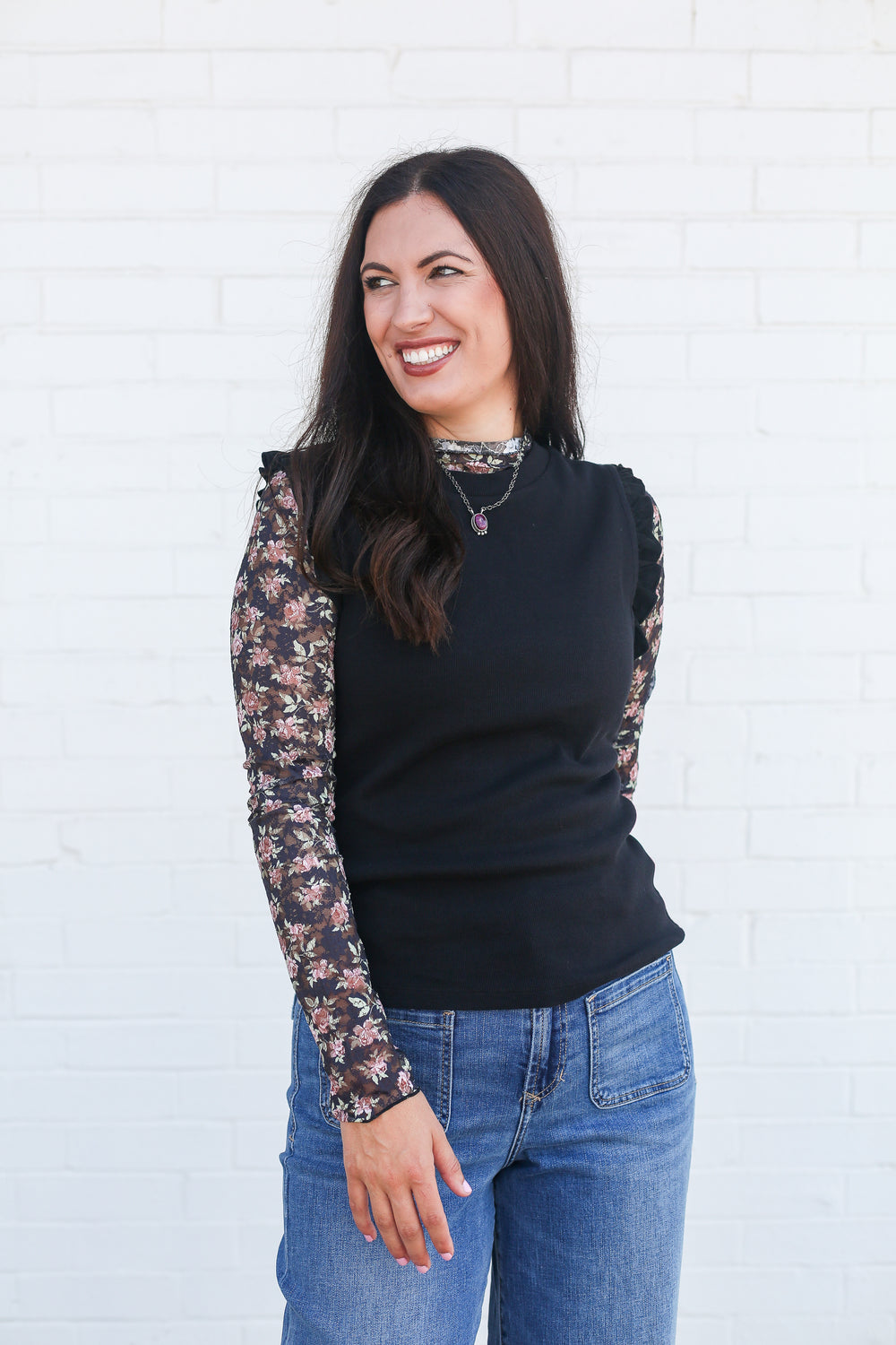 The Macey Black Floral Mesh Top