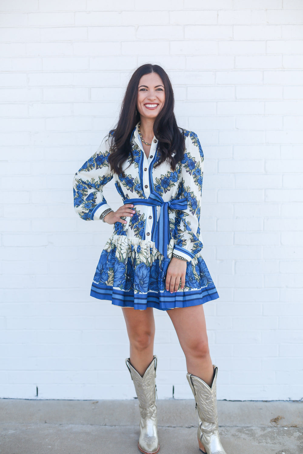 The Myrtle Blue Floral Mini Long Sleeve Dress