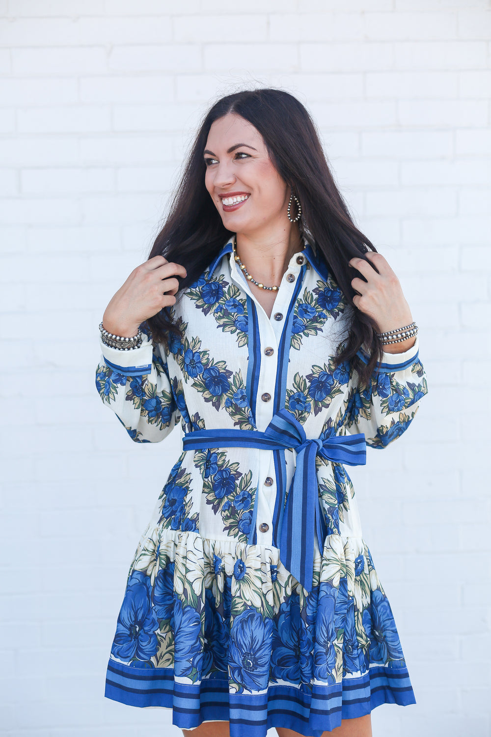 The Myrtle Blue Floral Mini Long Sleeve Dress