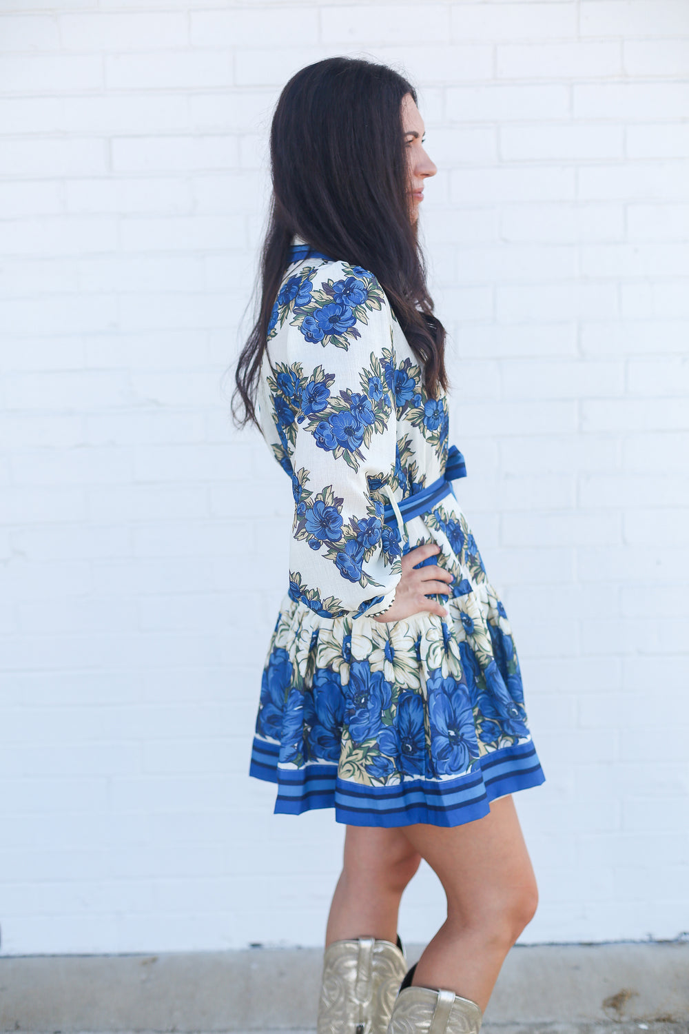 The Myrtle Blue Floral Mini Long Sleeve Dress