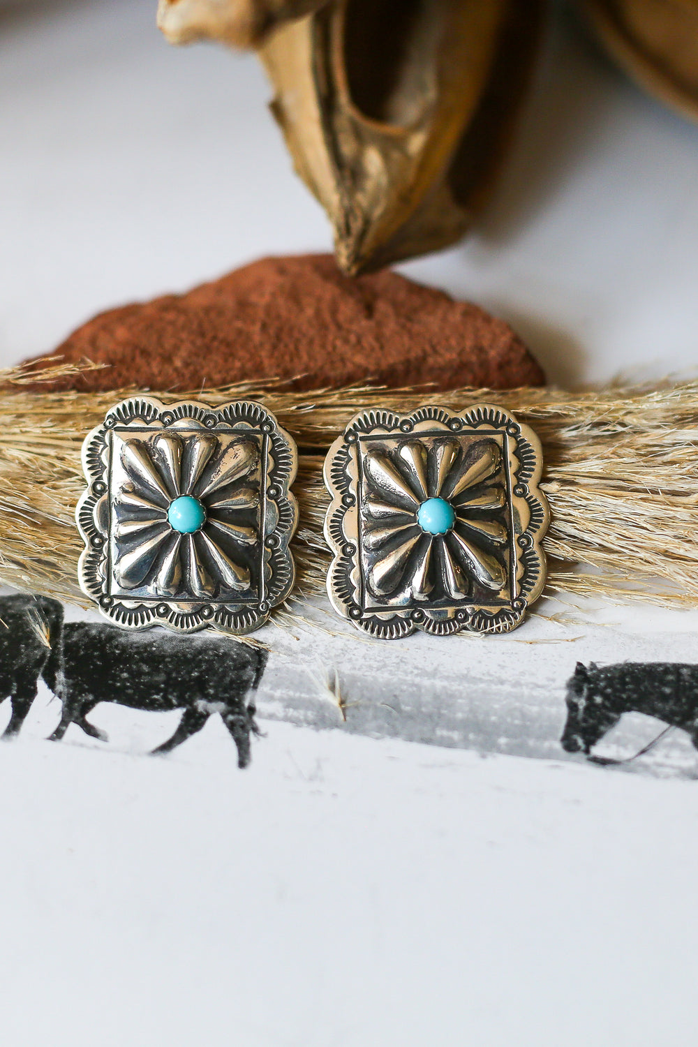 The Square Concho and Turquoise Earrings