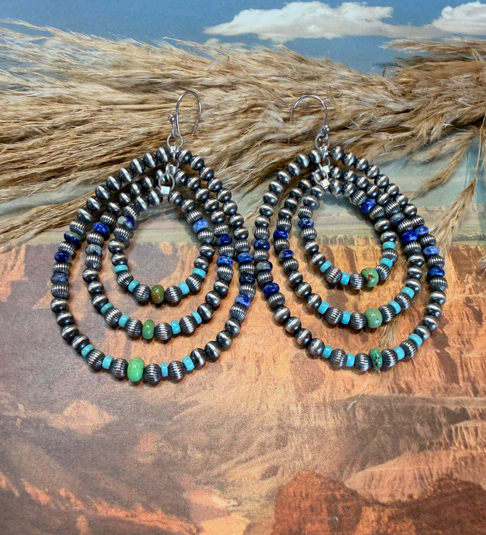 Trio Stone Navajo Pearl Hoop Earrings