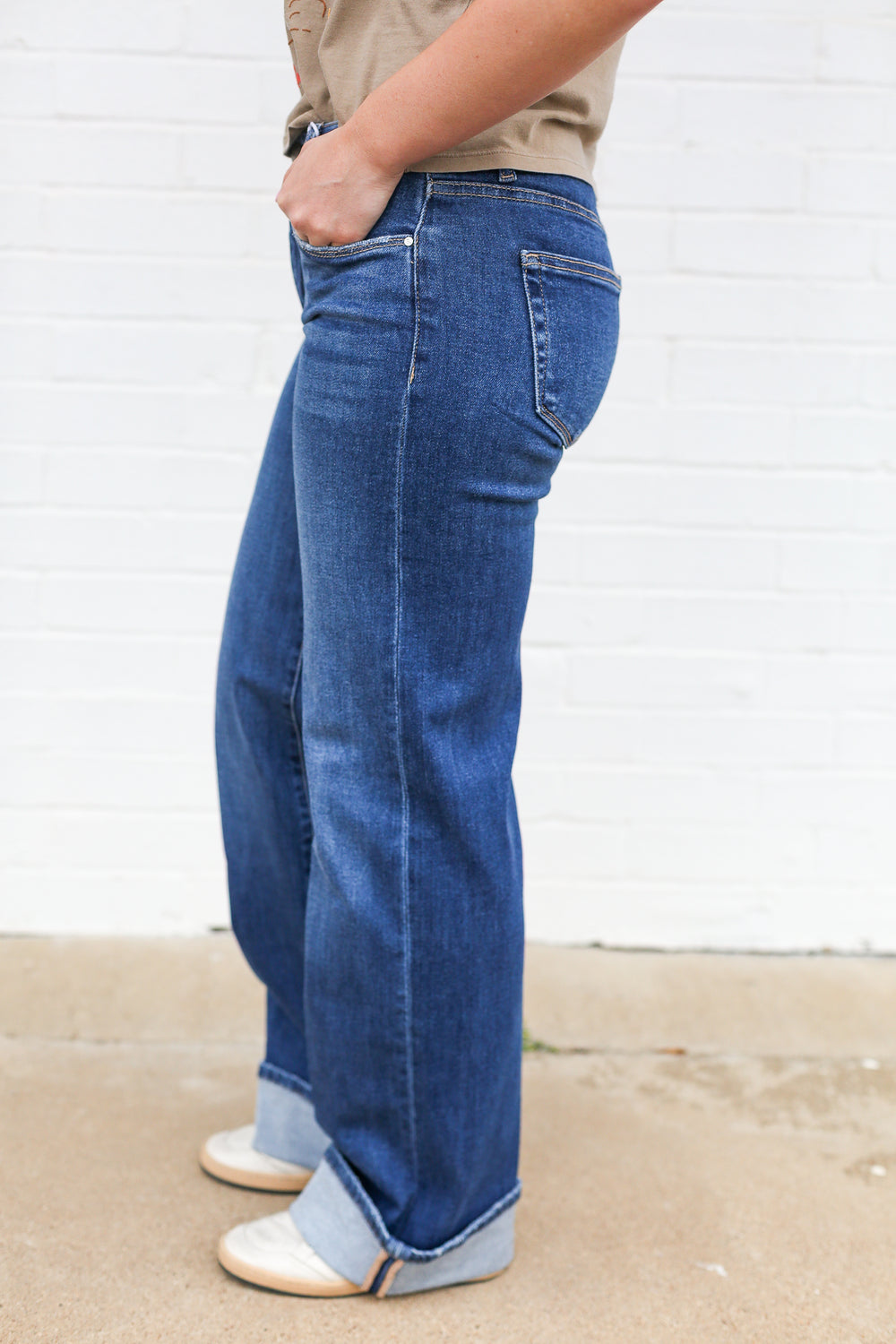 Tummy Control Mid Rise Wide Cuffed Jeans