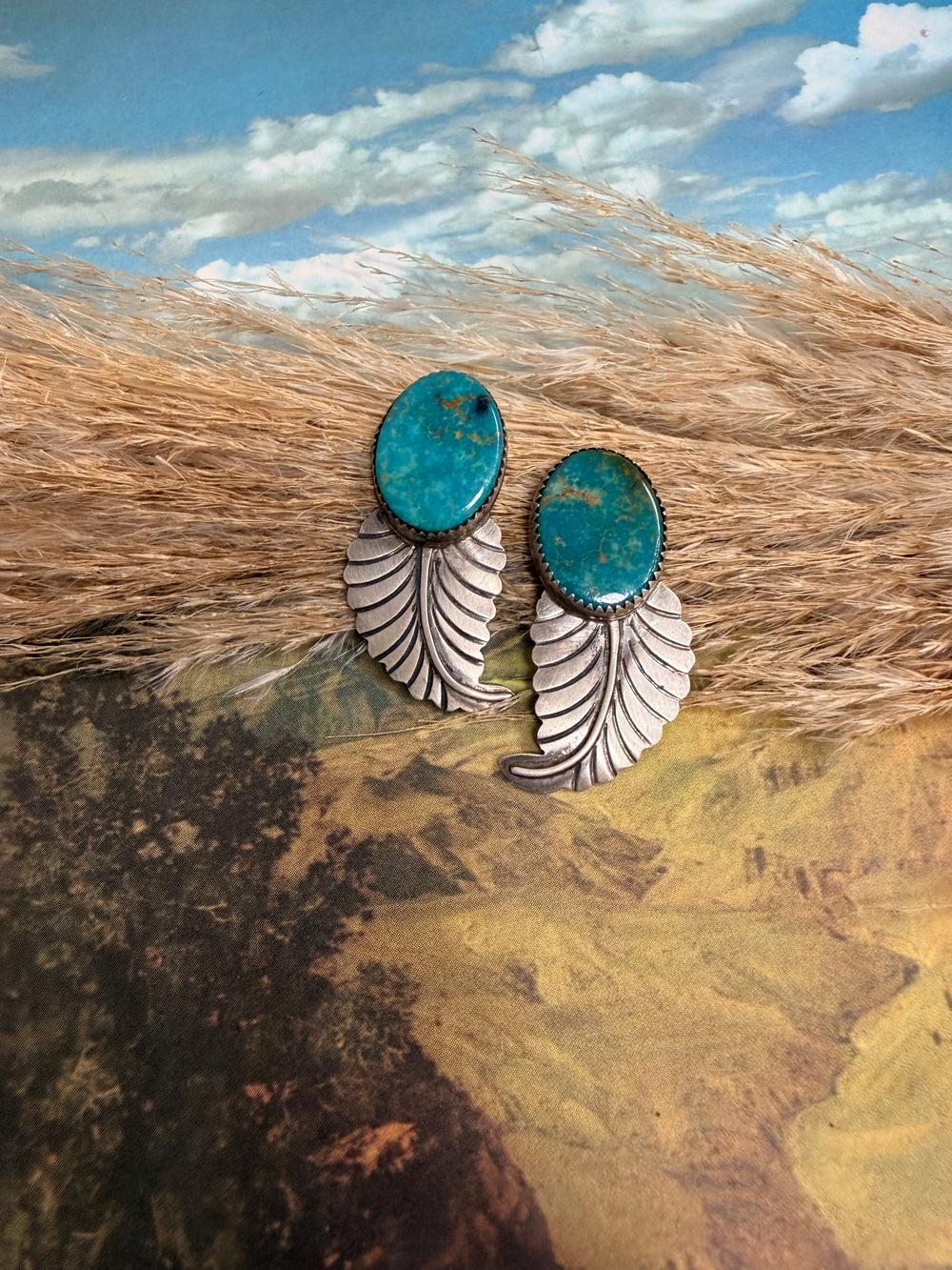 Turquoise Oval Feather Earrings