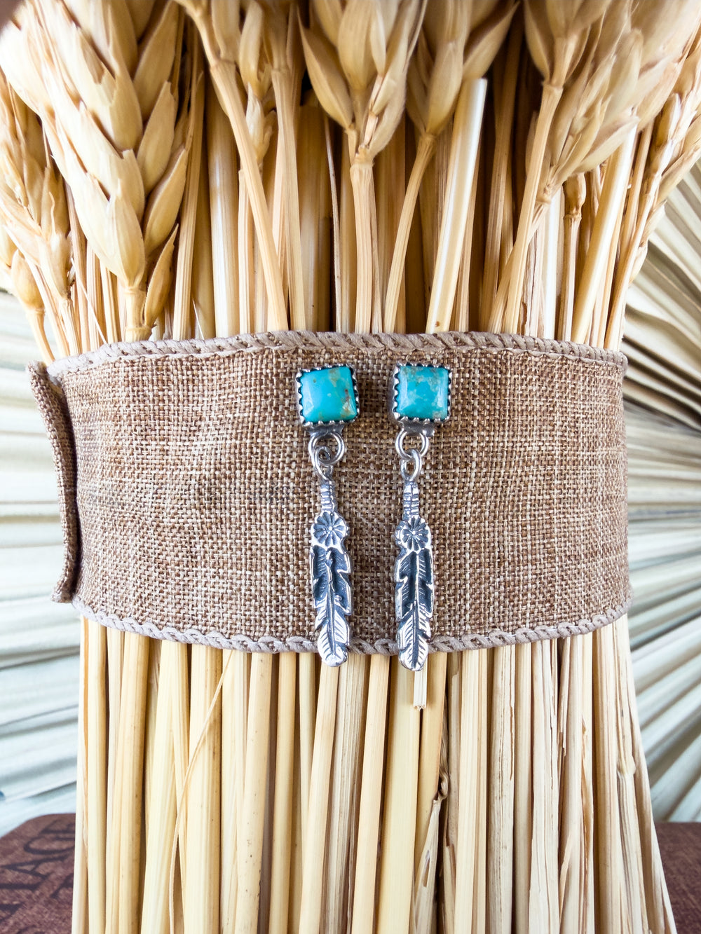 Turquoise Square Scalloped w/ Feather Drop Earrings