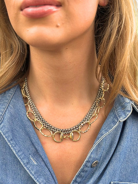 18" Two-Tone 18K Gold Plated Layered Chain Necklace with Equestrian Bit Pendant