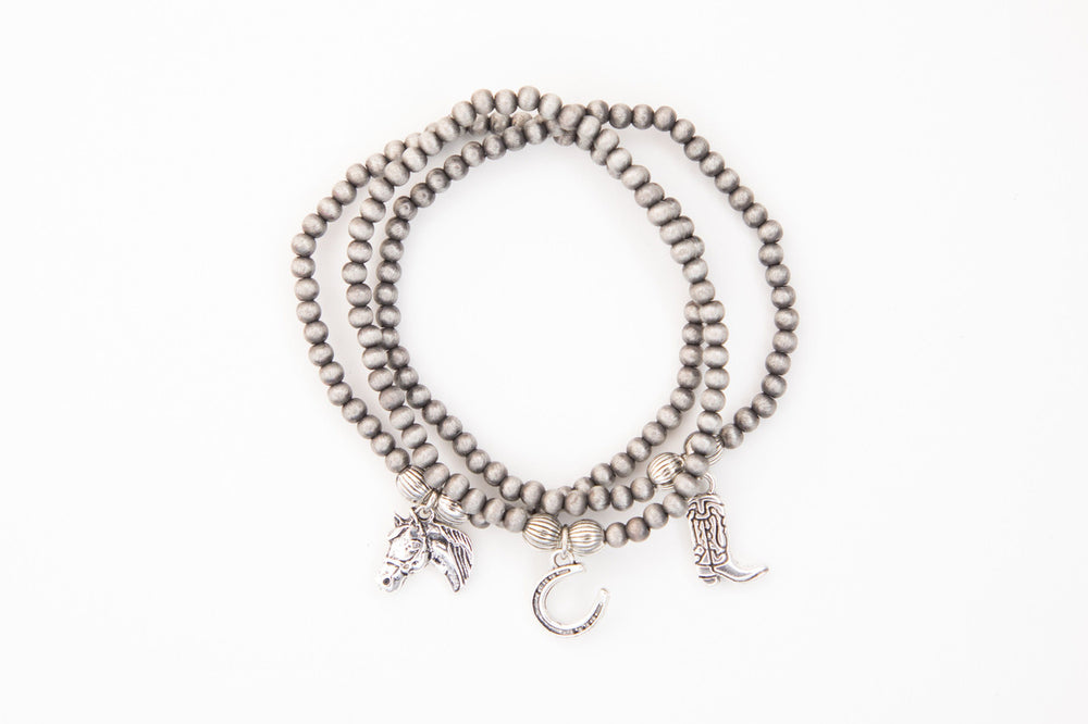 3 Piece Set Dainty Faux Navajo Pearl Stretch Bracelets Horse Shoe, Cowboy Boot and Horse Head Charms
