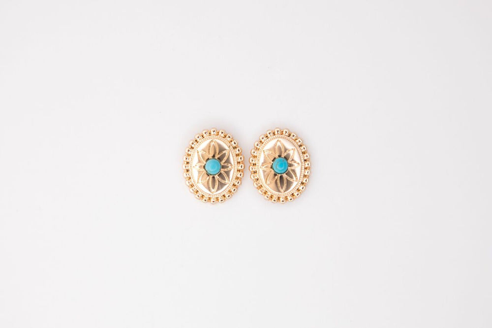 .75"" Gold Oval Flower Concho Post Earring with Turquoise Accent