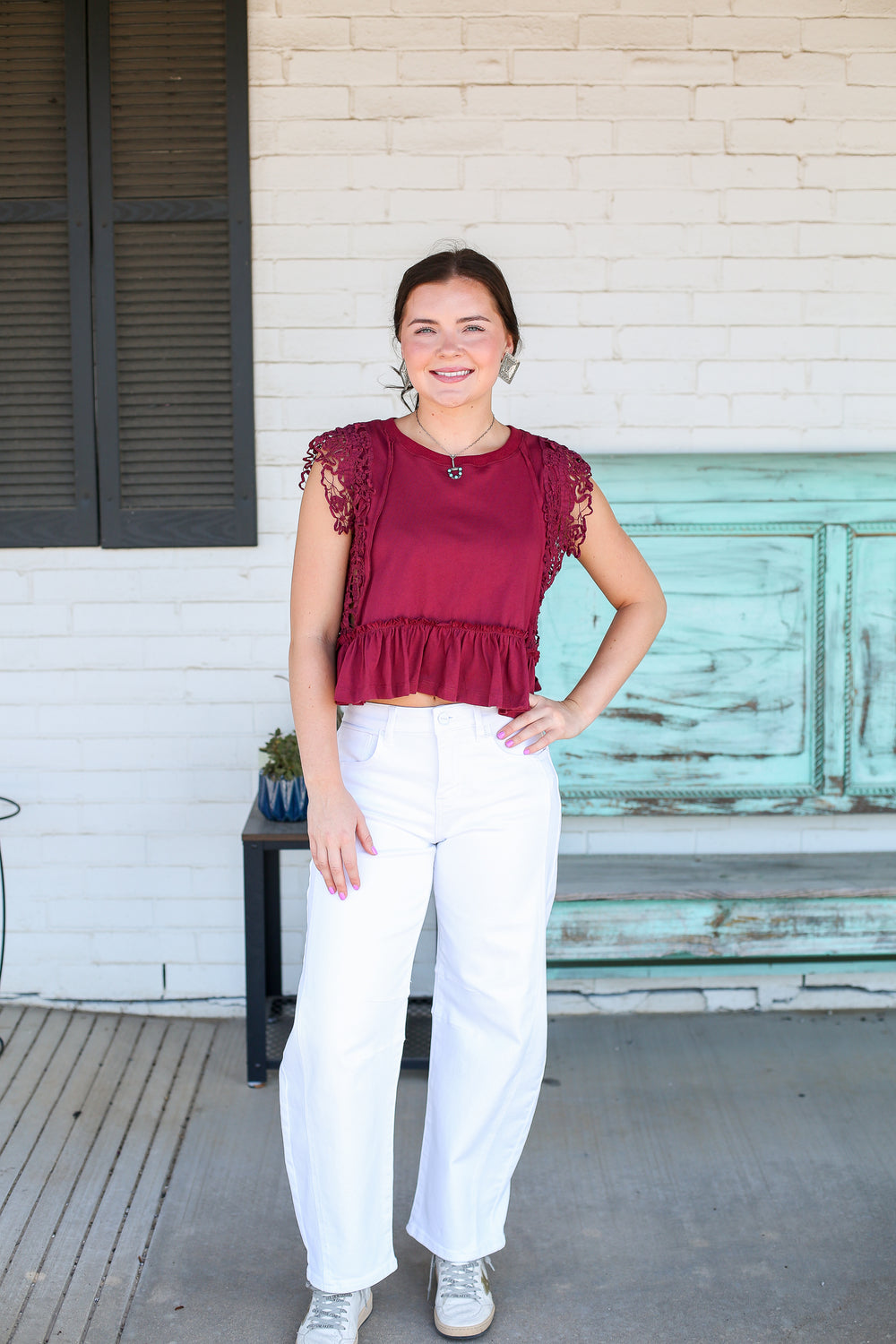 Wine Lacey Ruffled Top