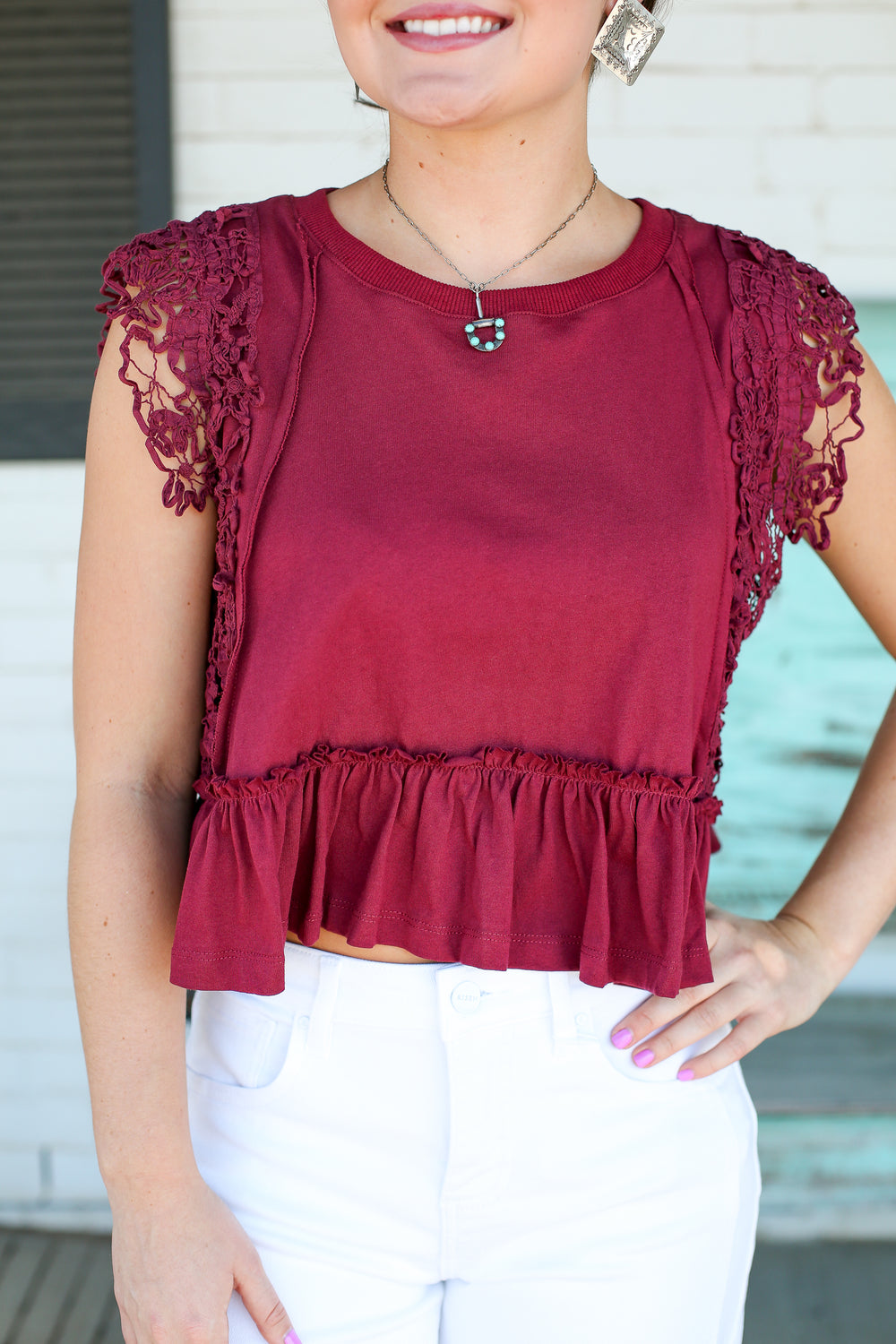 Wine Lacey Ruffled Top