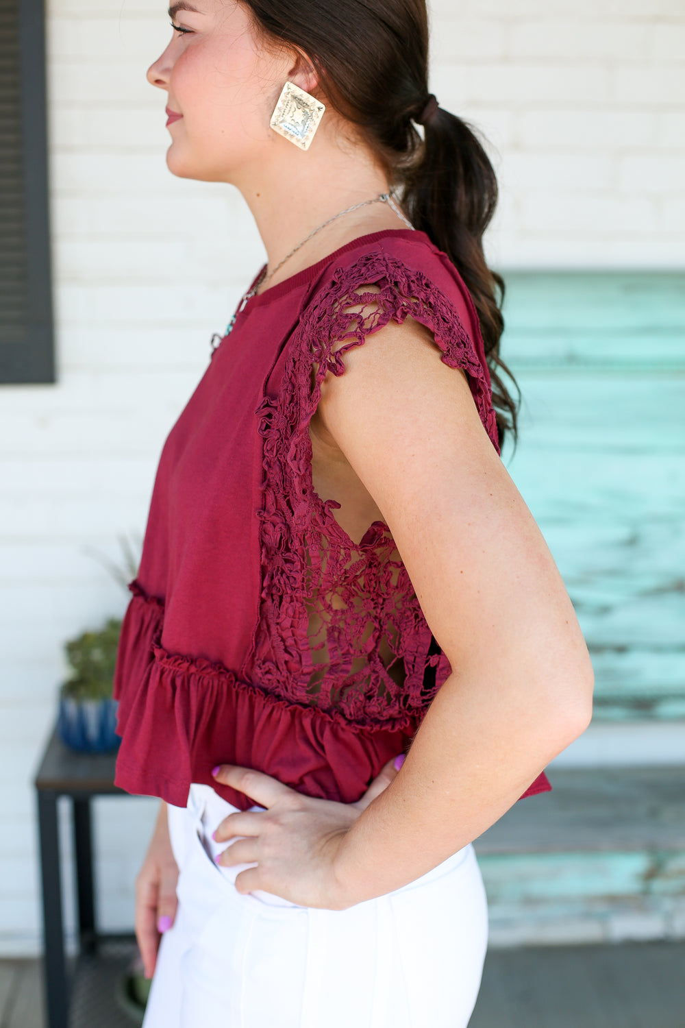 Wine Lacey Ruffled Top