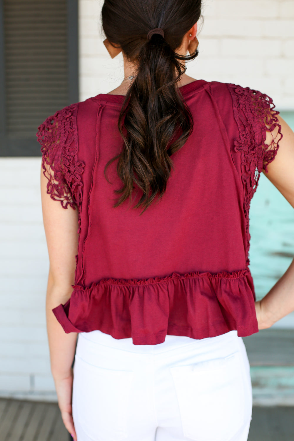 Wine Lacey Ruffled Top