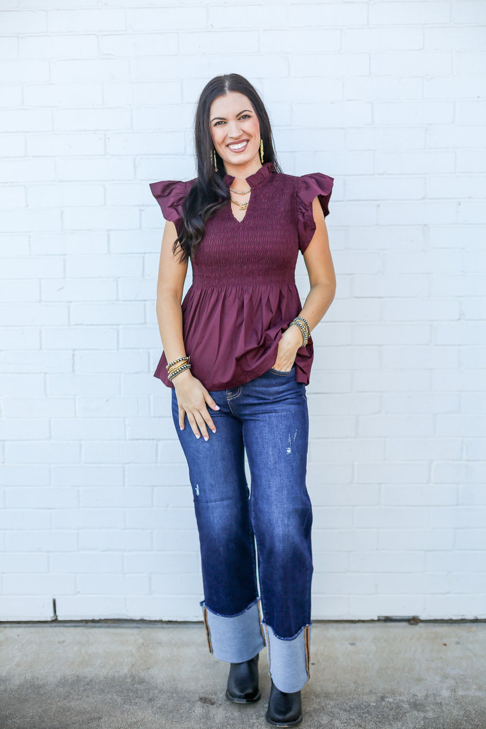 Wine Willow Flutter Sleeve Blouse