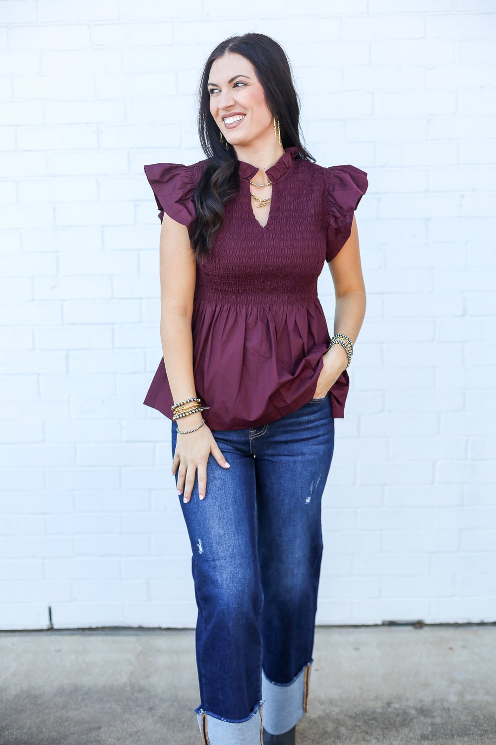 Wine Willow Flutter Sleeve Blouse