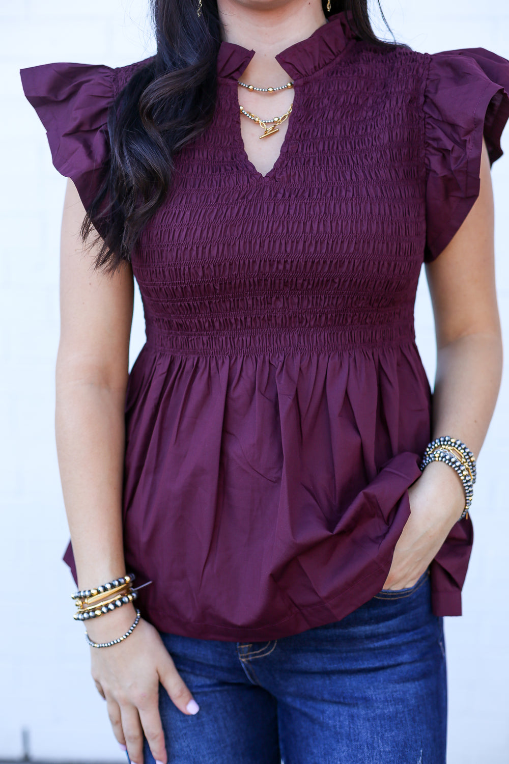 Wine Willow Flutter Sleeve Blouse