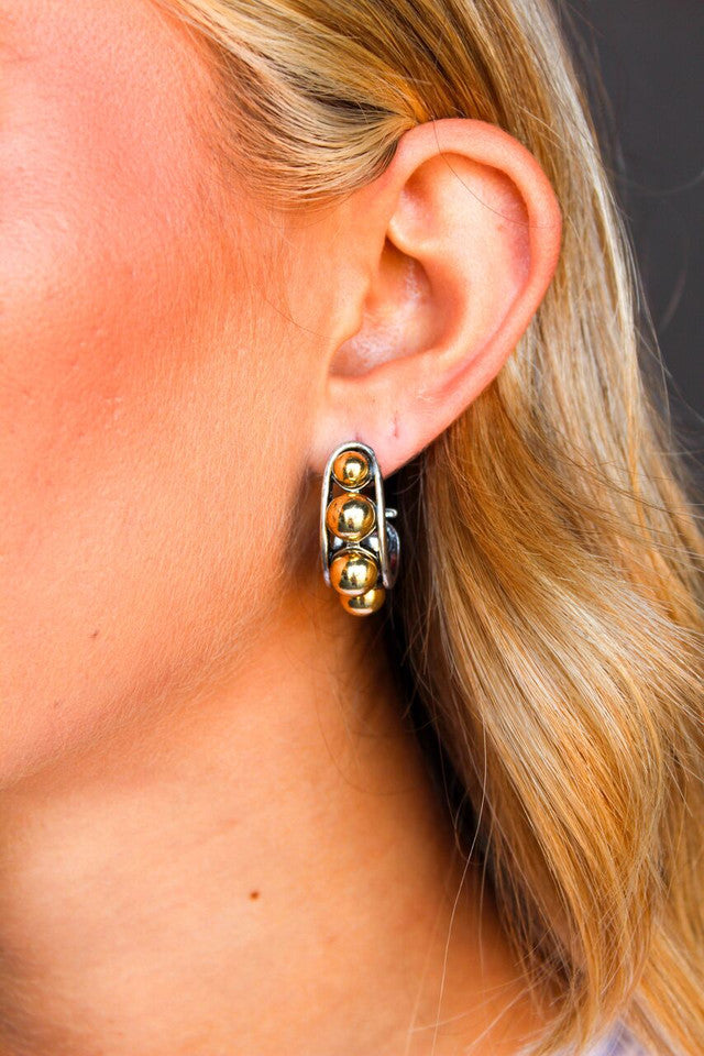 18K Yellow Gold & White Gold Plated Studded Half Hoop Post Earrings