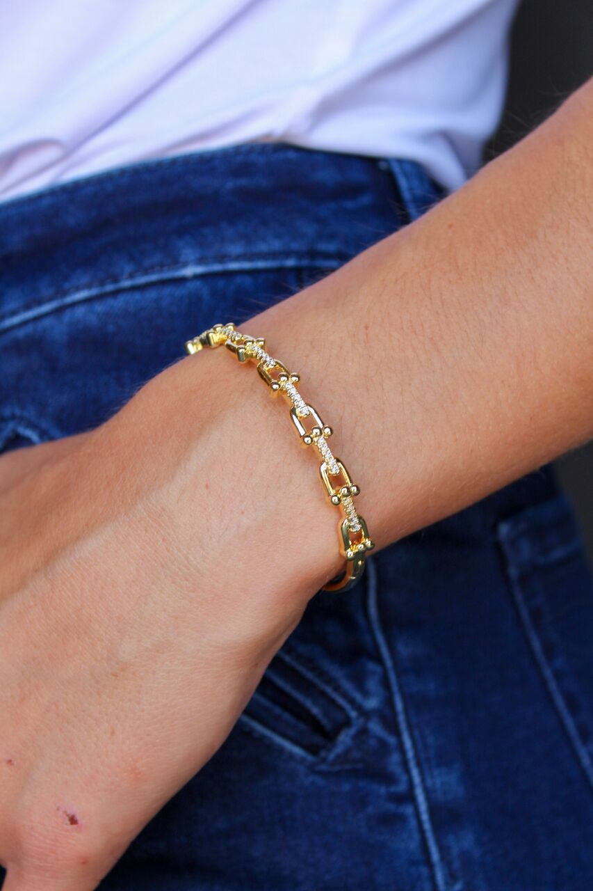 18K Yellow Gold Plated Link & Stud Bangle Bracelet