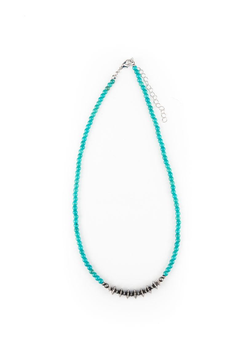 16" Dainty Green Turquoise Beaded Necklace with Silver Disc Accent