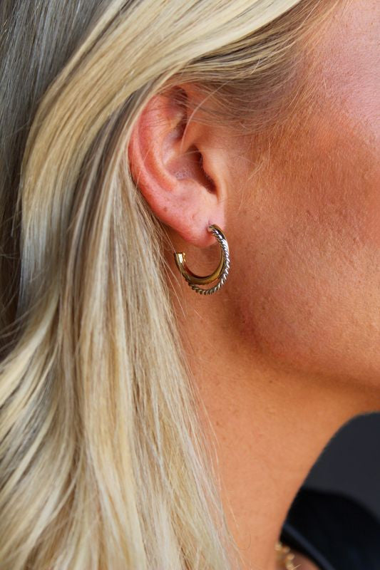 18K Yellow Gold & White Gold Plated Braided Edge Half Hoop Post Earrings