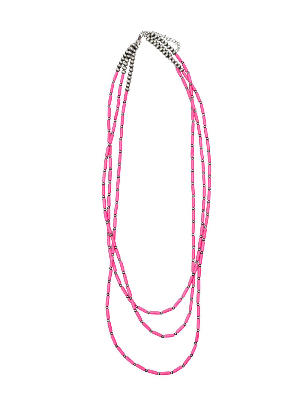 30"",32"",36"" Three Strand Pink Tube Bead and Faux Navajo Pearl Necklace