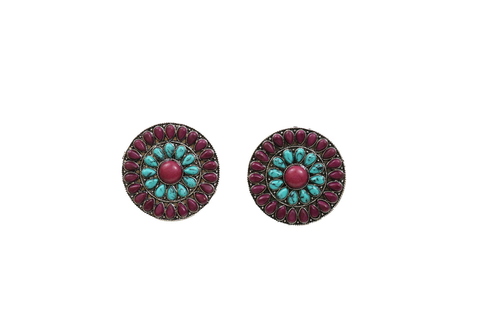 Round Plum and Turquoise Cluster Earrings