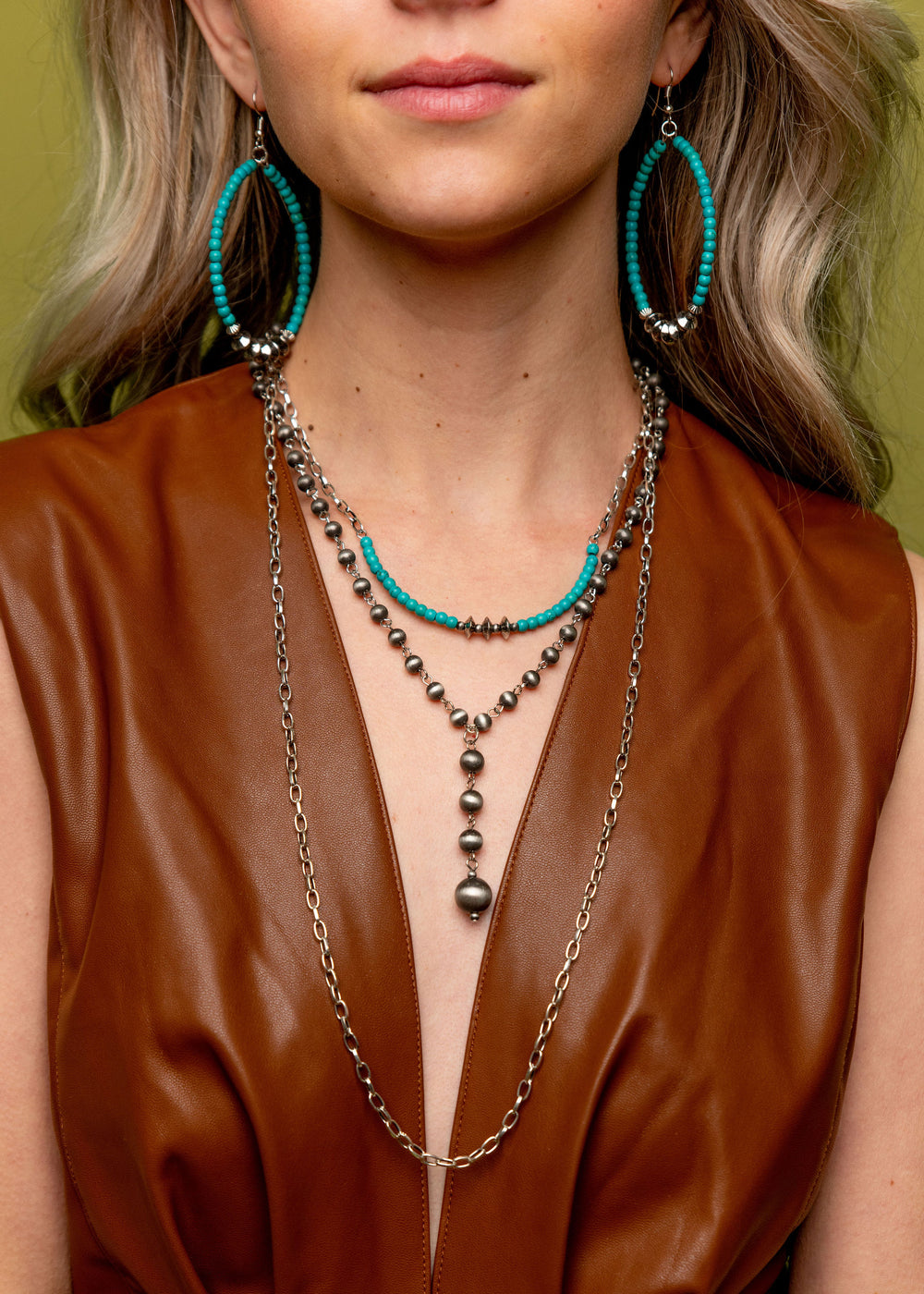 17",19",30" Multi Layer Burnished Silver Chain, Green Turquoise and Faux Navajo Pearl Necklace