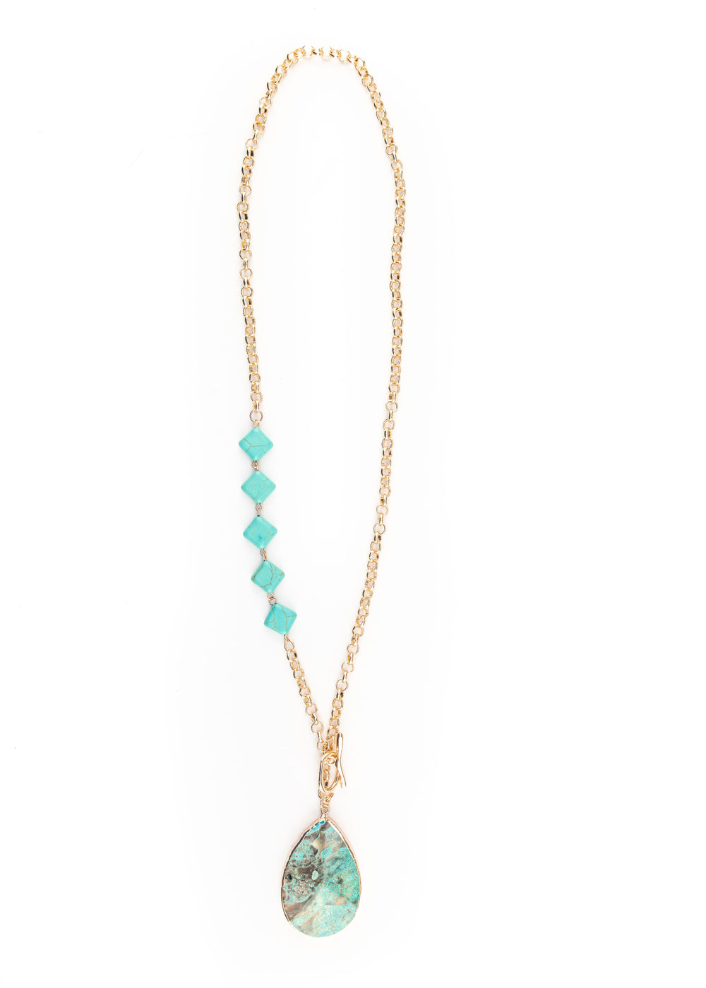 28" Gold Chain Necklace with Turquoise Stone Pendant and Turquoise Diamond Accents