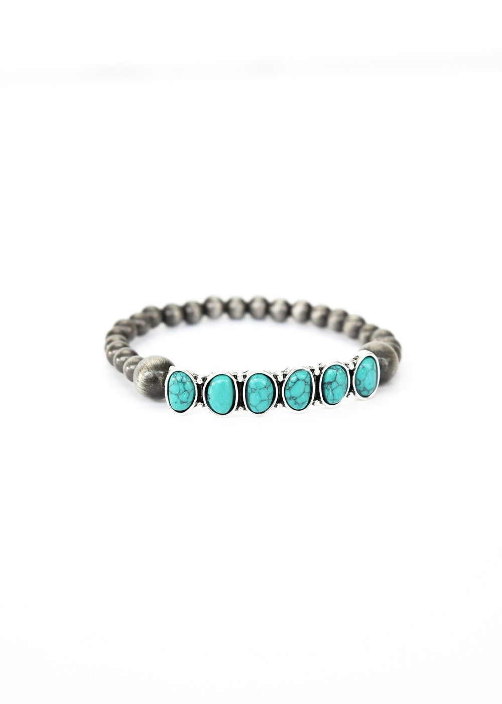 Faux Navajo Pearl Stretch Bracelet with 7 Stone Turquoise Accent