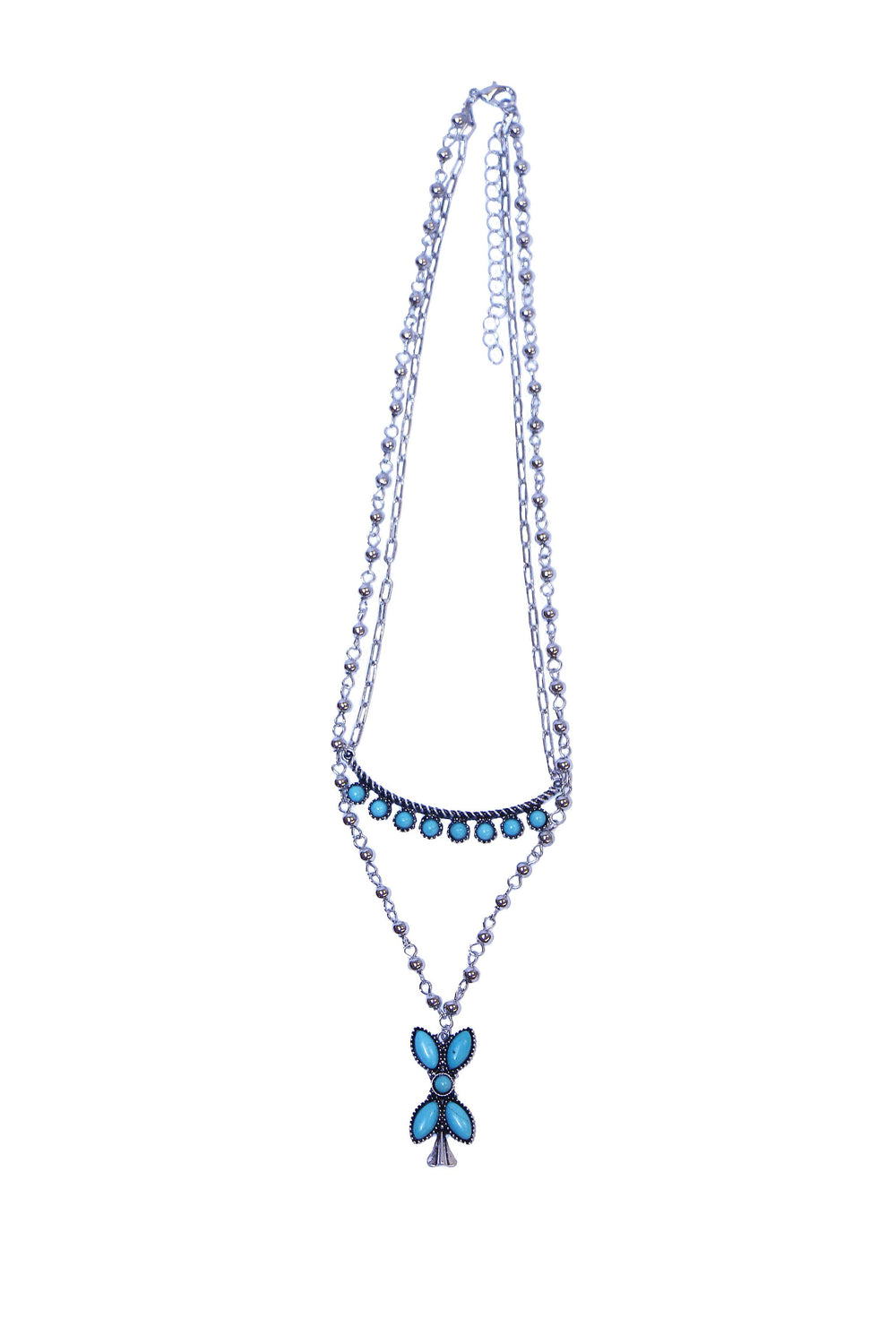 16" Dotted Bar & 18" Silver Beaded Chain with Turquoise Blossom Pendant Layered Necklace