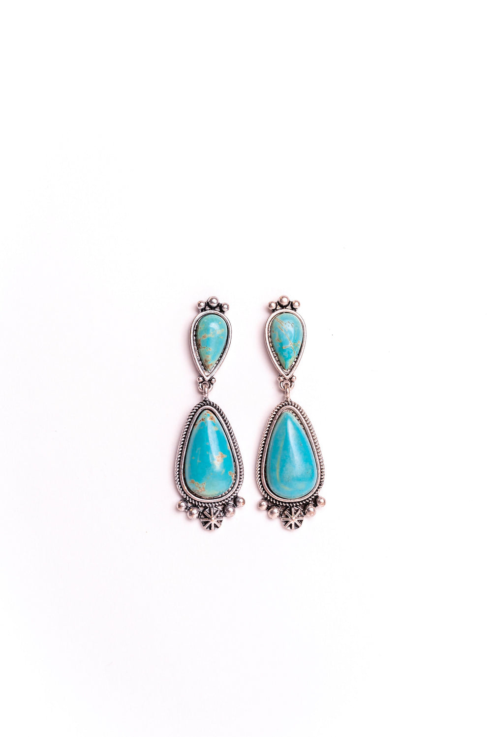 Turquoise Tear Drop Post Earring w/Silver Embellishment