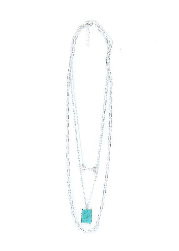 24" Layered Silver Chain Necklace with Arrows and Turquoise Bar Accents