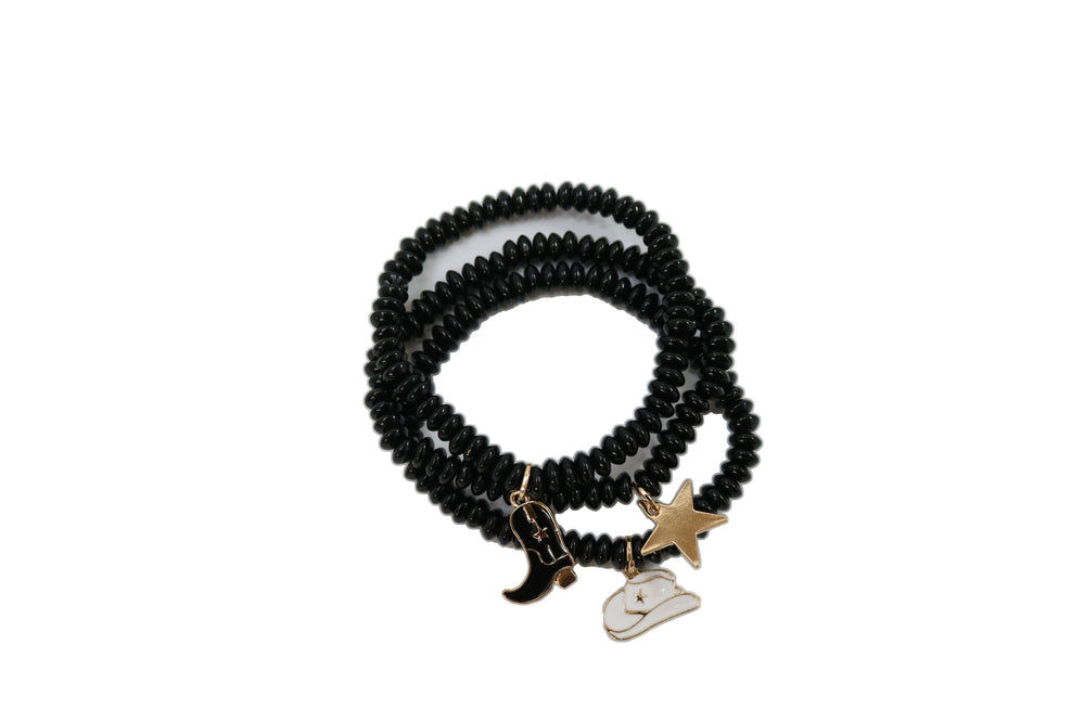 3 Strand Black Disc Bead Stretch Bracelets with Gold Black and white Boot, Hat and Star Charms