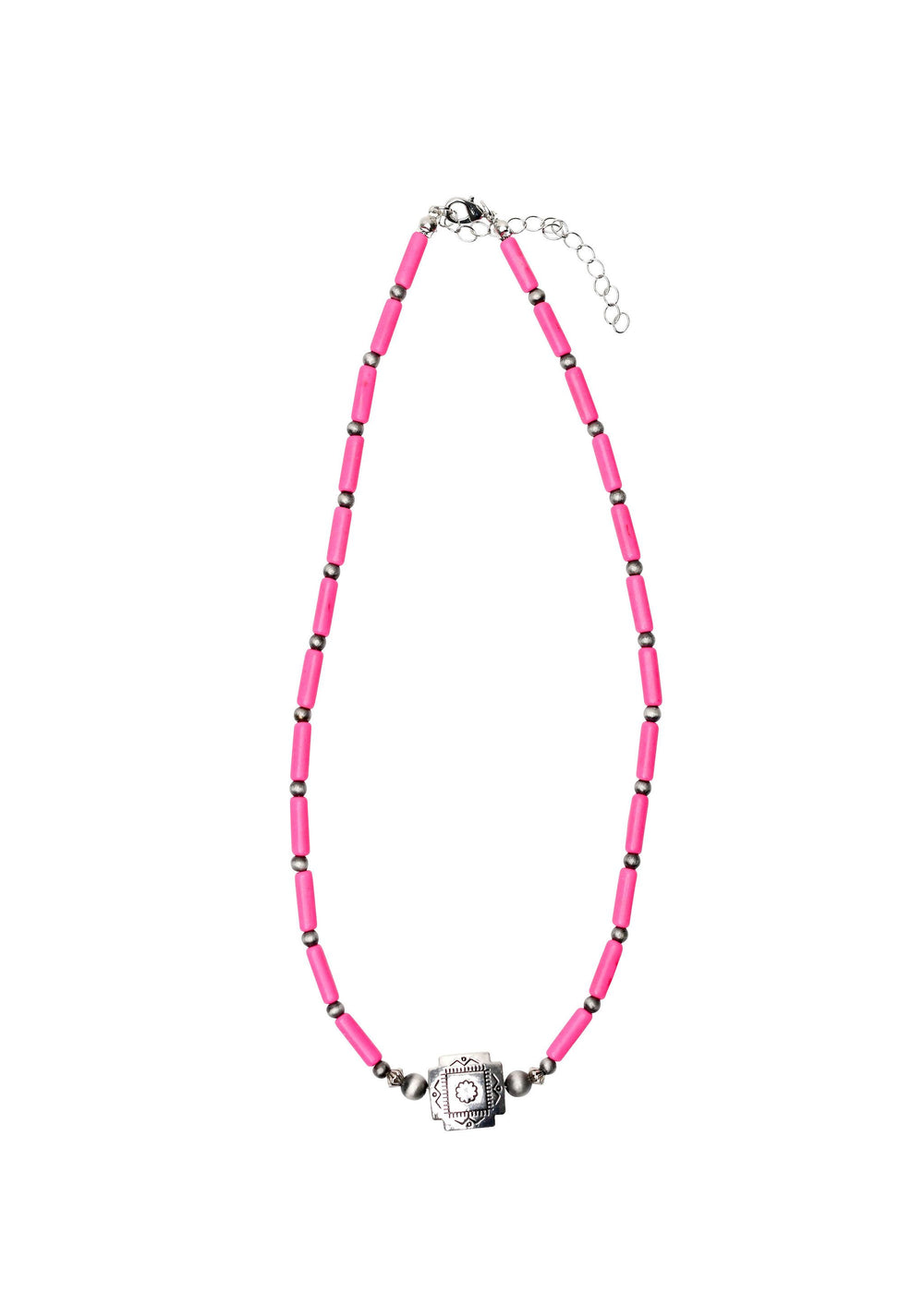 16" Pink Tube Bead Necklace with Southwestern Bead Accent