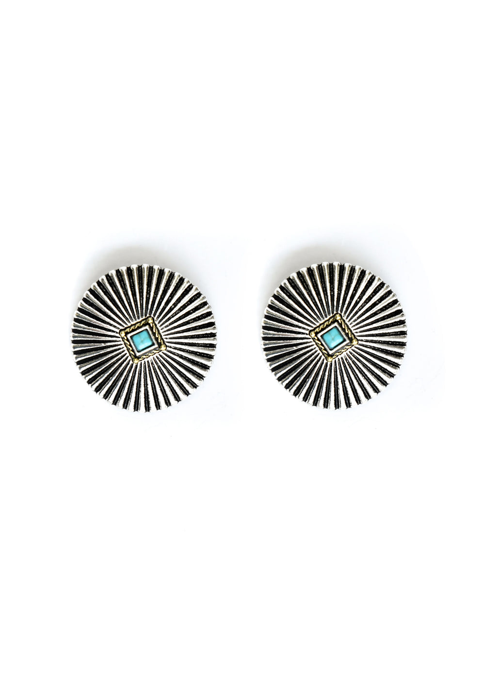 Silver Burst Post Earring with Turquoise Accent in Center