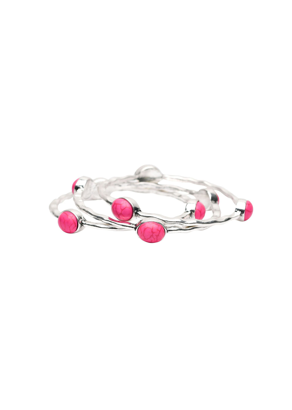 Set/3 Burnished Silver Bangles with Pink Oval stones..