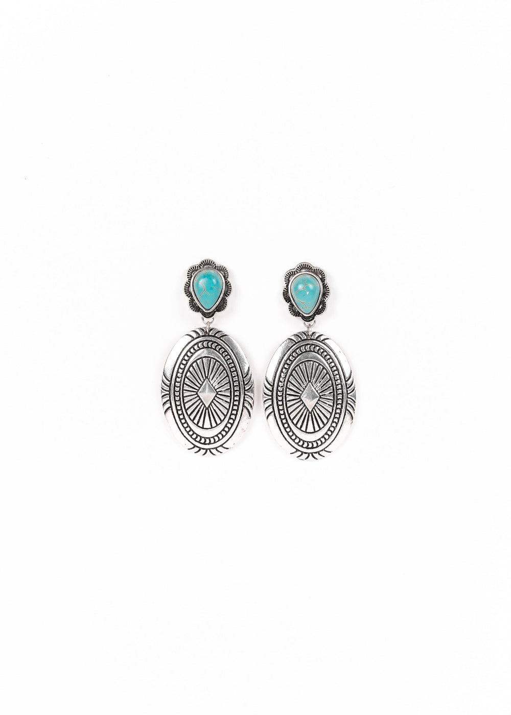 Large Burnished Silver Concho Earring with Turquoise Teardrop Post