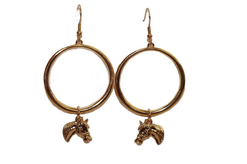 3" Gold Hoop Earring on Fishook with Horse Head Charm