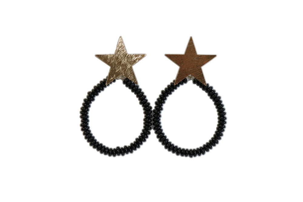 3.5" Black Beaded Teardrop Earring On Gold Star Post