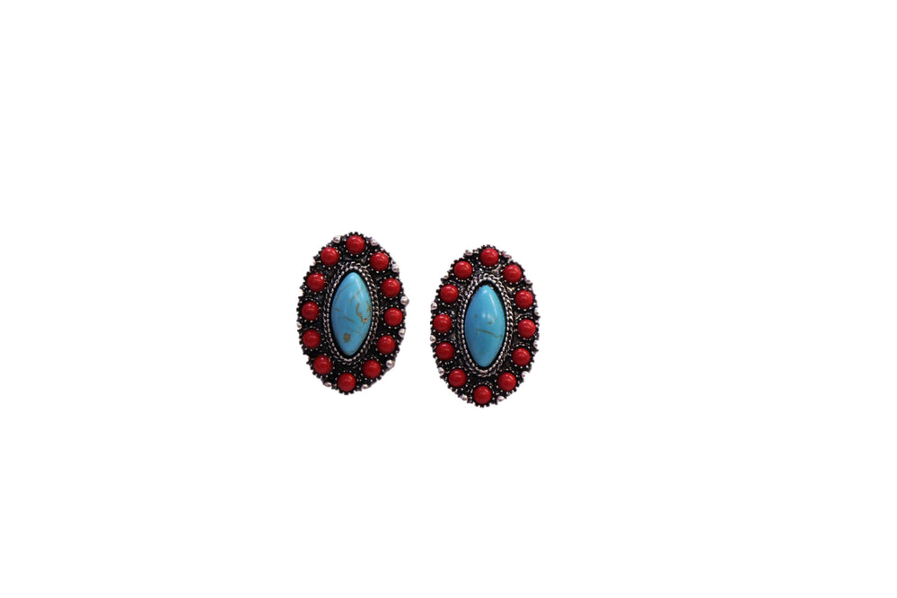 Elongated Turquoise and Red Post Earring