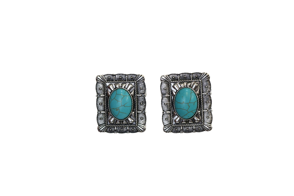 2" Burnished Silver Rectangular Concho Post Earring with Turquoise Center