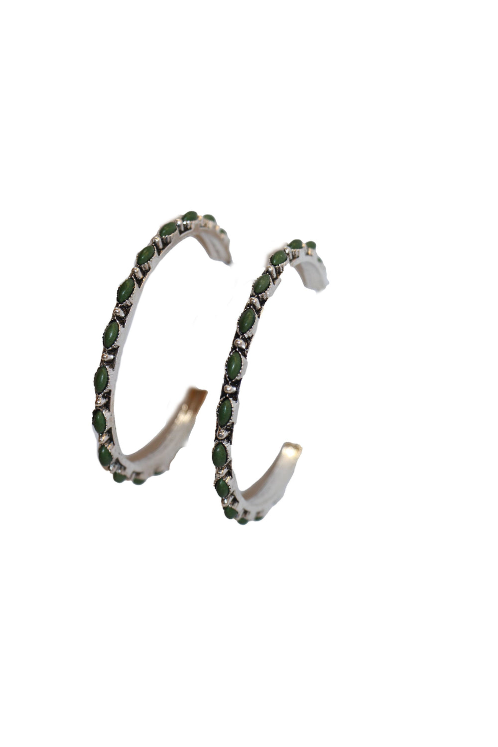 2.5" Burnished Silver and Green Petitie Point Style Hoop Earring