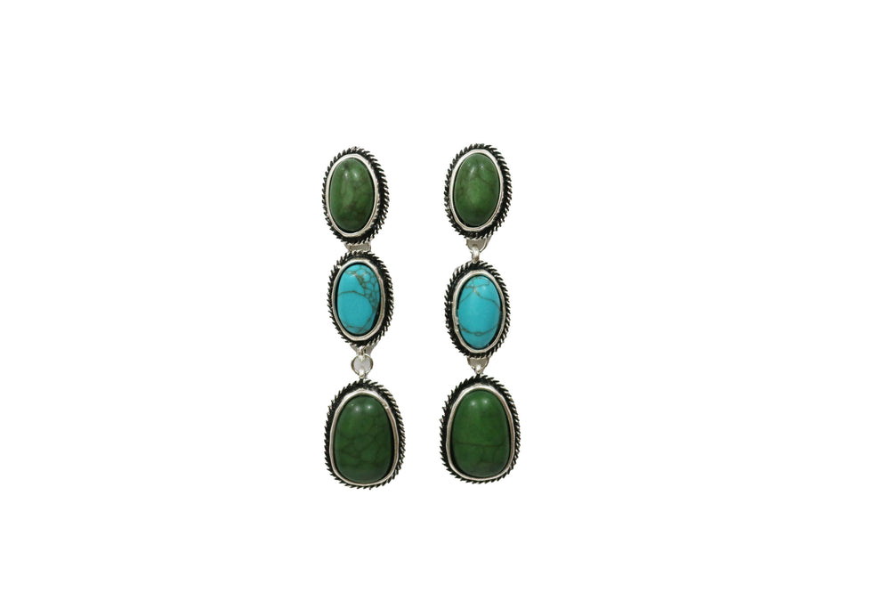 3" Burnished Silver Turquoise and Green 3 Tier Post Earrings