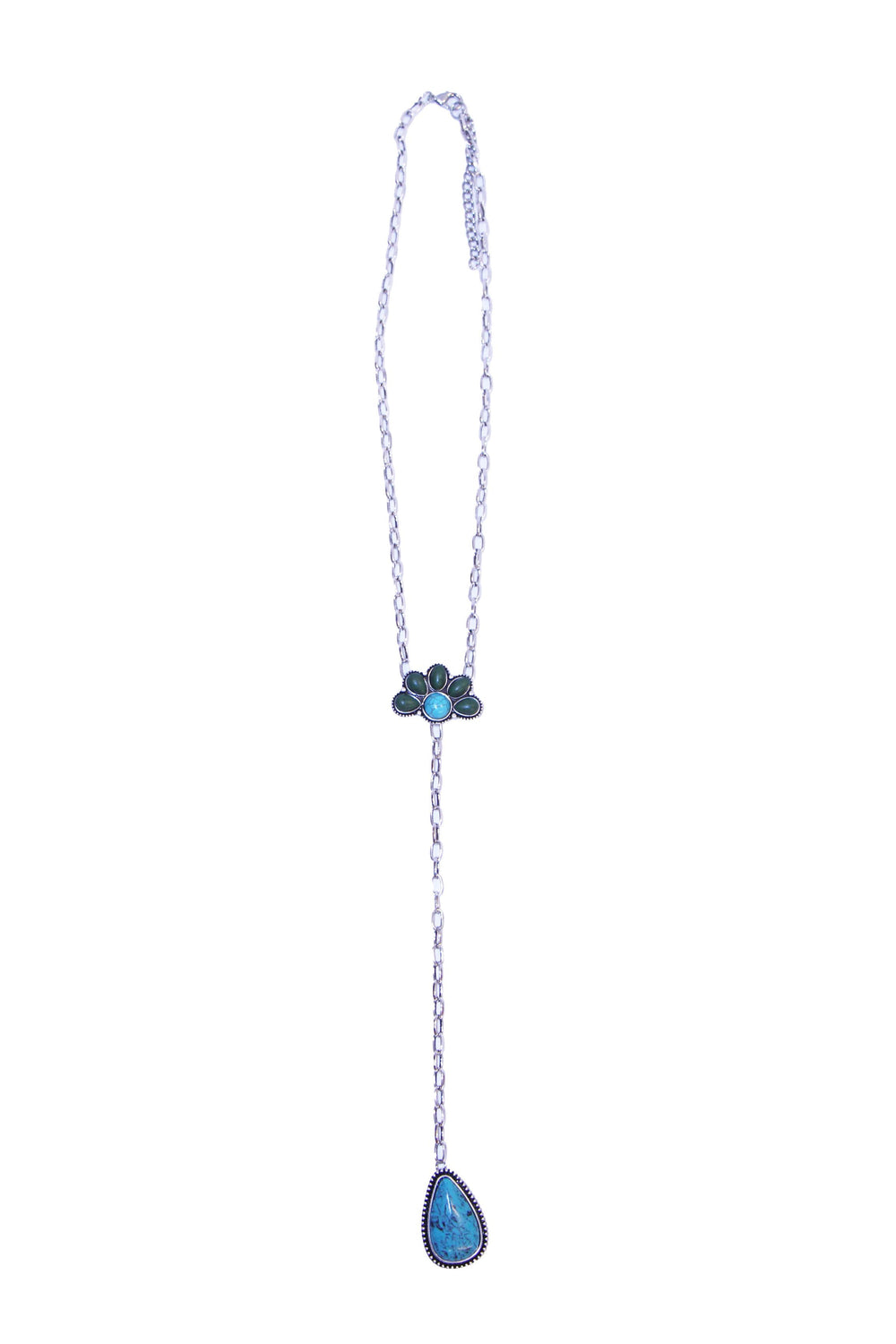 20" Turquoise Half Flower Chain Y Necklace with Turquoise Teardrop Tail