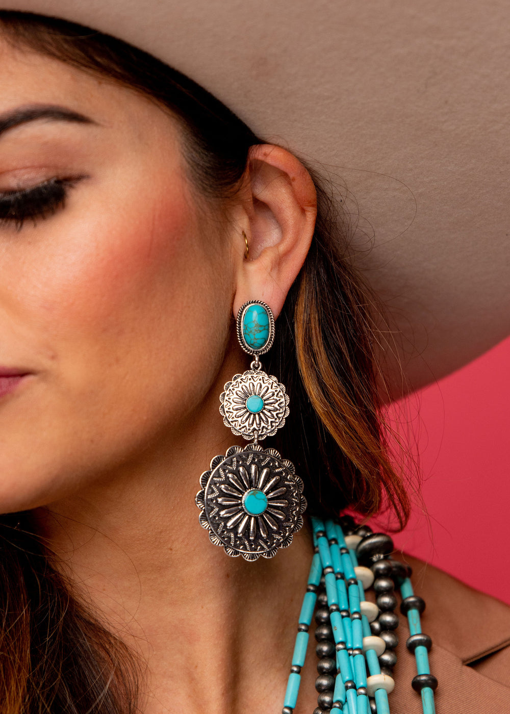 3.5" 3 Tier Burnished Silver and Turquoise Flower Concho Earrings on Turquoise Post