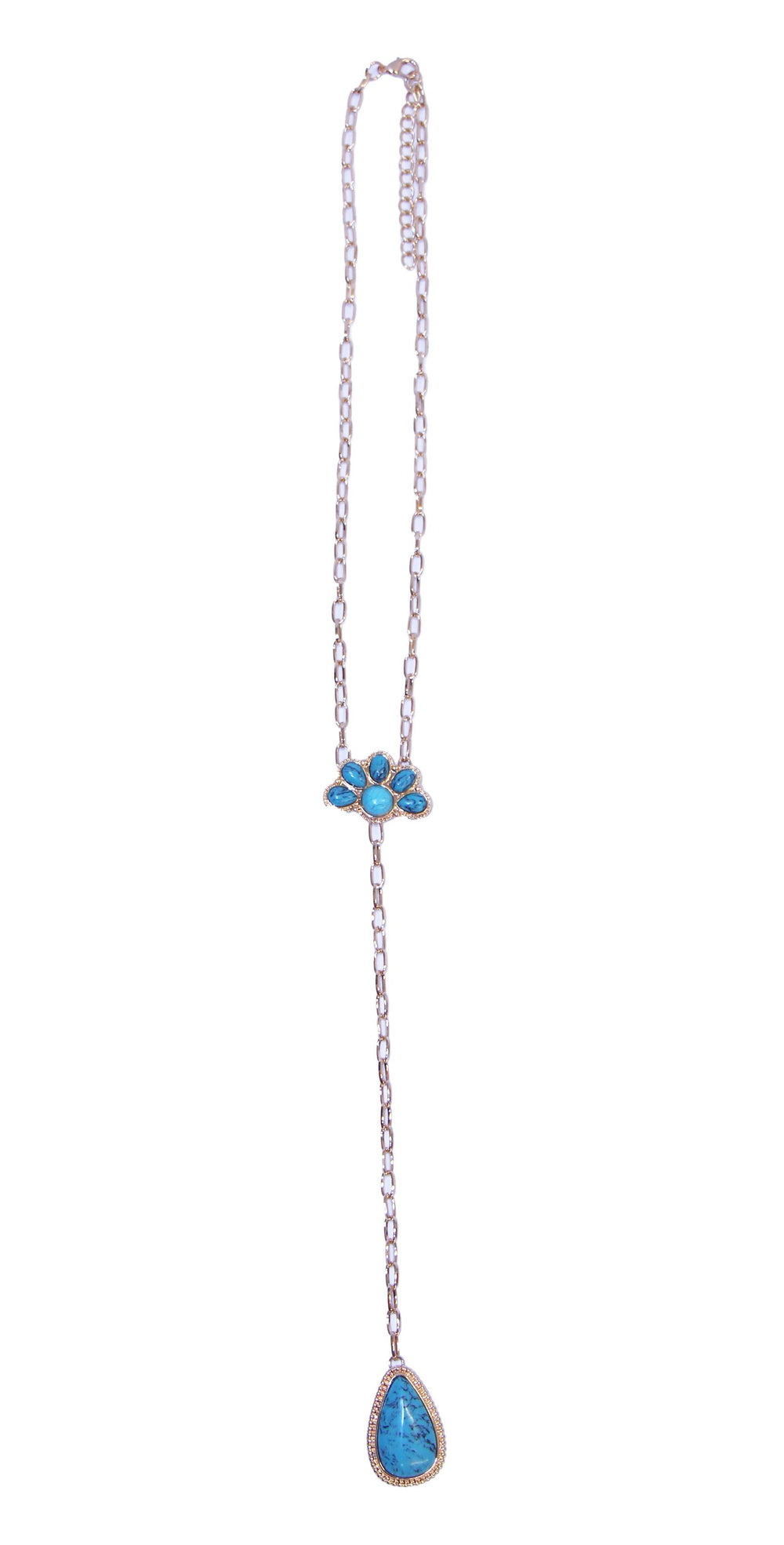 20" Gold and Turquoise Half Flower Chain Y Necklace with Turquoise Teardrop Tail