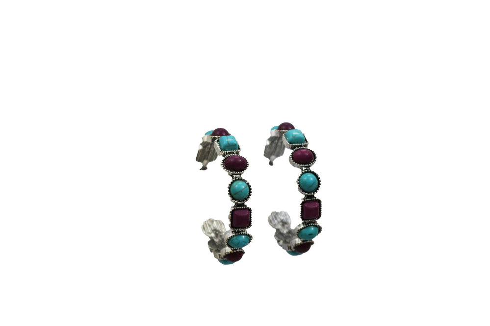 2" Turquoise and plum Round and Square Stone Hoops